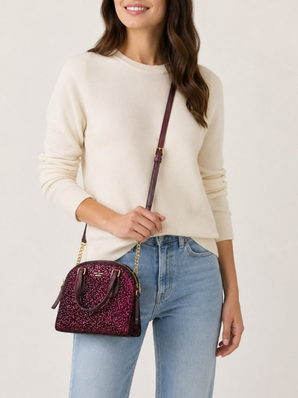 Kate Spade Laurel Way Glitter Mini Reiley Satchel Wallet Set Deep Plum New - Picture 3 of 13